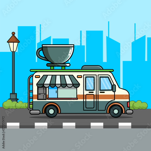 Mobile Coffee Shop on City Street Vector Illustration Cartoon Design 