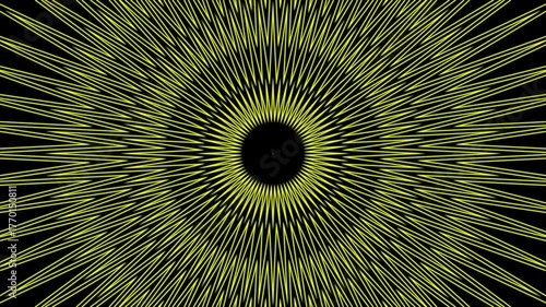 Geometric abstraction of a starburst in bright yellow. A hypnotic visual with thousands of fine lines creating a layered, textured effect against a deep black background.