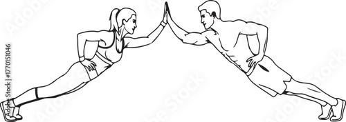 Fitness couple doing partner plank high five exercise illustration, teamwork workout art