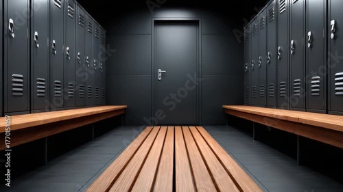 A minimalist locker room features a dark, symmetric design with wood benches and a door