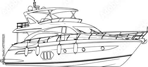 Luxury Yacht Line Art Vector — Modern Motorboat Outline Illustration, Nautical Design Drawing