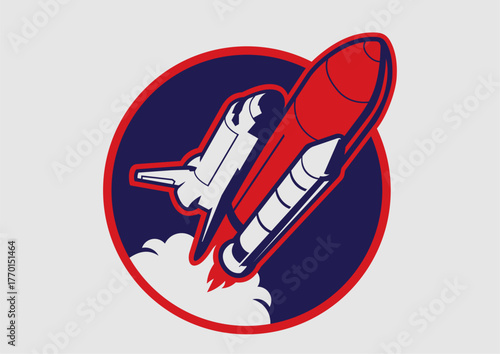 Space Shuttle Emblem with Red Rocket Launch in Circle Badge Design for Science. Exploration Theme