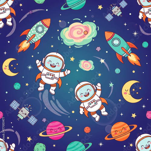 Cute Seamless Space Pattern with Happy Cartoon Astronauts, Rockets, Smiling Planets, Crescent Moon, Satellites, Galaxies, and Stars on a Dark Blue Gradient Background - Kids' Vector Wallpaper