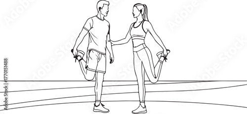 Fitness Couple Stretching Line Art Vector — Workout Warm Up Illustration, Active Lifestyle Design