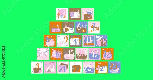 Christmas advent calendar sheets with drawings cute colorful ornaments, number of day of december. Calendar tear on December 1st sheet opens chroma green screen. Christmas 4K video graphic animation