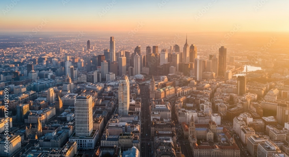 Obraz premium Aerial view of modern city skyline illuminated by warm sunset light