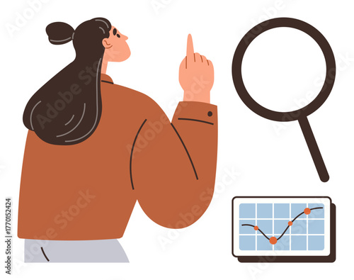 Woman pointing upward, magnifying glass for research and data chart with fluctuating metrics. Ideal for analytics, research, insight, data review, education, strategy investigation. Simple flat