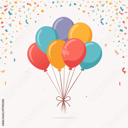 A vibrant cluster of colorful balloons tied together with a ribbon, floating against a background filled with falling confetti.