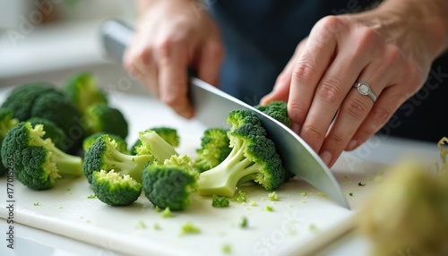 Wallpaper Mural Woman hands cut fresh green broccoli with knife on chopping board. Person slices raw vegetable florets in kitchen. Preparing organic ingredients for healthy vegetarian meal, cooking nutritious food Torontodigital.ca
