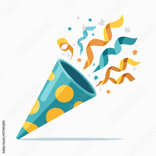 Cartoon illustration of a blue party popper with yellow polka dots exploding with colorful confetti and streamers.