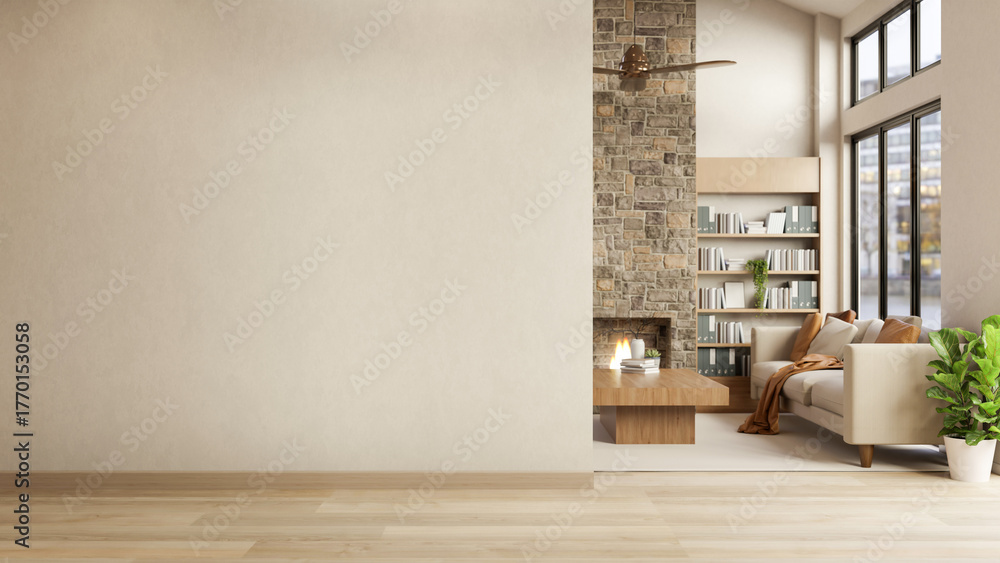 Fototapeta premium White wall and wooden parquet floor corridor to room corner with sofa and table and bricks fireplace