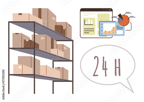 Metal shelving packed with boxes, sales analytics dashboard with graphs, and speech bubble stating 247 delivery. Ideal for logistics, e-commerce, supply chain, storage, inventory, delivery shipping