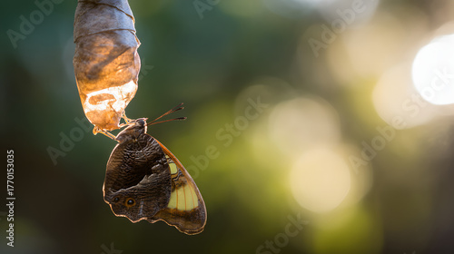 metamorphosis. Butterfly emerging from a cocoon with wings unfolding for the first time in morning sunlight. wildlife magazines, conservation campaigns, designed for wildlife conservation campaigns.