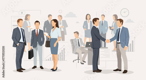 Illustration of business professionals networking and shaking hands in an office environment, depicting corporate interactions and agreements.