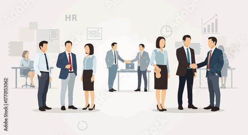 Illustration of business professionals interacting and shaking hands in an office environment, representing human resources and corporate meetings.