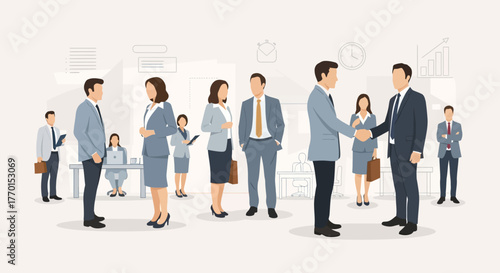 Business people interacting in an office environment, with some shaking hands and others conversing or working at their desks.