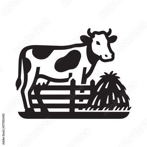 Modern minimalist farming silhouette featuring cow, wooden fence, and haystack in harmony. 