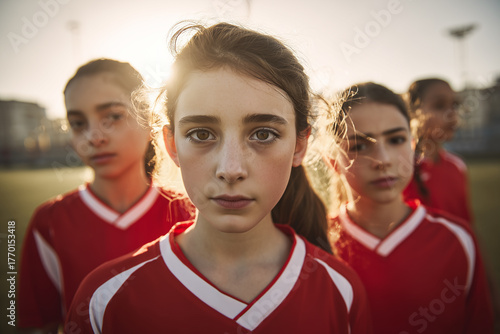 Group of 12-Year-Old Girls from a Female Soccer Team Looking at Camera on the Football Field