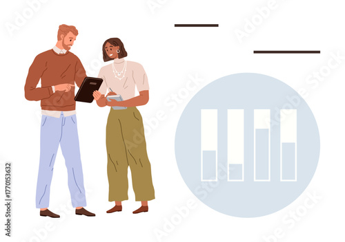 Two colleagues reviewing data on a tablet, analyzing a visible bar chart. Ideal for teamwork, data analysis, business collaboration, productivity, strategy, education and professional discussions. A
