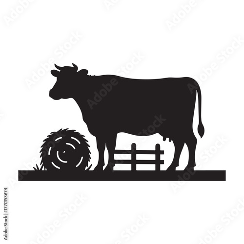 Modern minimalist farming silhouette featuring cow, wooden fence, and haystack in harmony. 