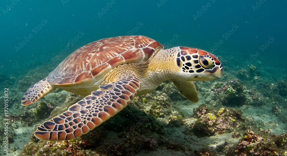 Obraz premium Sea Turtle Gliding Gracefully Underwater