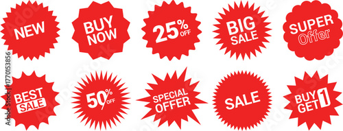Starburst sunburst badges. Red ale stickers, price tags, quality marks. Blank red discount labels isolated. Sunburst price sticker set for product marketing