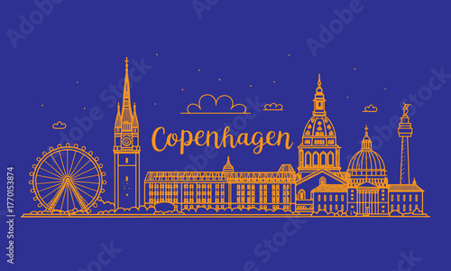Copenhagen Skyline Sketch with Cultural Touch Featuring Nyhavn, City Hall, Tivoli Gardens, and The Little Mermaid – Perfect for Tourism, Posters, and Travel Art