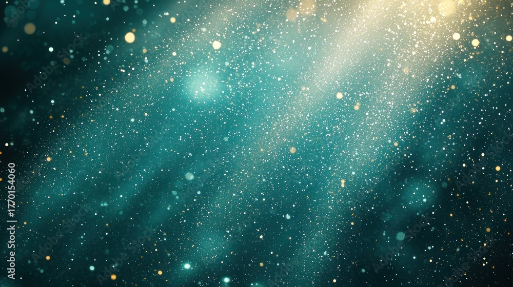 Obraz premium Ethereal blue-green background with golden specks and sunbeams