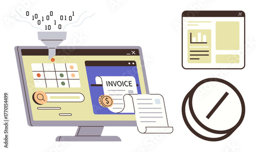 Computer displaying an automated data system, invoice management interface, and document filtering. Ideal for finance, business, technology, AI, processing, management and organization concepts