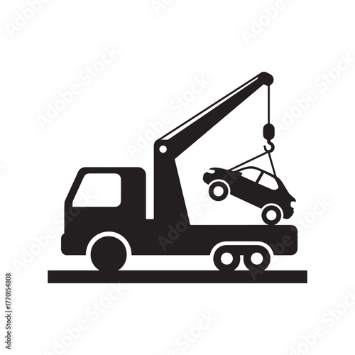 Silhouette Heavy Duty Tow Truck Crane Lifts Stranded Car High Above The Road. 