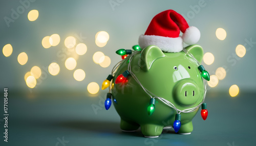 Festive piggy bank decorated with Christmas lights