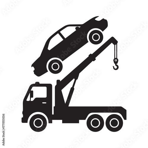 Silhouette Heavy Duty Tow Truck Crane Lifts Stranded Car High Above The Road. 