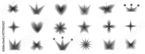 Y2k grounded powder icons set. Crown, flowers and butterfly grain noise shapes. Black dots sand texture hearts, twinkle stars and blinks. Vector black monochrome halftone gradient illustration.