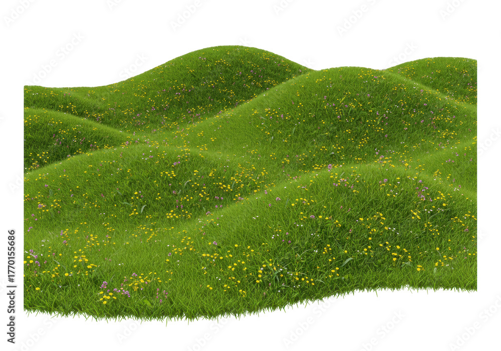 Fototapeta premium Isolated meadow landscape of rolling hills and green grass with wildflowers, summertime feel