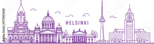 Helsinki Skyline Sketch with Cultural Touch Featuring Helsinki Cathedral, Uspenski Cathedral, and Finlandia Hall for Travel and Tourism Promotion