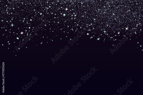 Snow glittering dust background. Shimmer spray effect for Christmas celebration banners. Shiny confetti, stardust white light powder texture. Festive particles on dark background. Vector illustration.