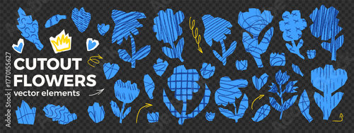 Scribble cutout flowers paper stickers. Set of scrapbook naive floral diy shapes. Pencil or crayon doodle, grid textures. Kids blue collage wildflower scissors cut out. Vector vibrant scrap book pack.