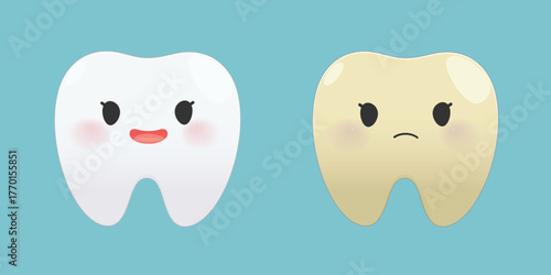 Cartoon healthy tooth and yellow decayed tooth comparison illustration