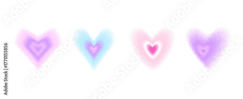 Grain blurred y2k heart icons. Gradient grainy noise love signs set. Pastel tones girly shapes. Transition pink, blue colors elements for stickers. Simple hearts pulse figures. Vector spray gradation.
