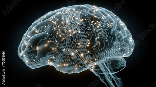 Three-dimensional rendered illustration of the human brain in light blue, a concept of mind and intelligence using X-ray technology
