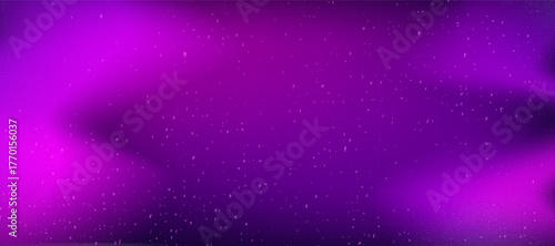 Purple, pink neon background with noise and scratch. Abstract fluorescent gradient. Uv gradation cover. Movie filter overlay frame. Blurry bright gradient with dust. Vector decoration background.