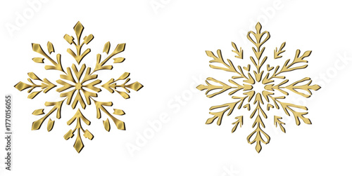Two intricately designed golden snowflakes stand out against a transparent ba. The snowflakes have a metallic sheen, creating a luxurious and festive feel. Perfect for holiday cards and winter-themed 