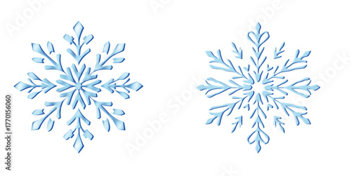 Two light blue, stylized snowflakes, rendered with a slight 3D effect, are isolated against a transparent background. The snowflakes are intricate in design, with sharp edges and a frosty aesthetic.