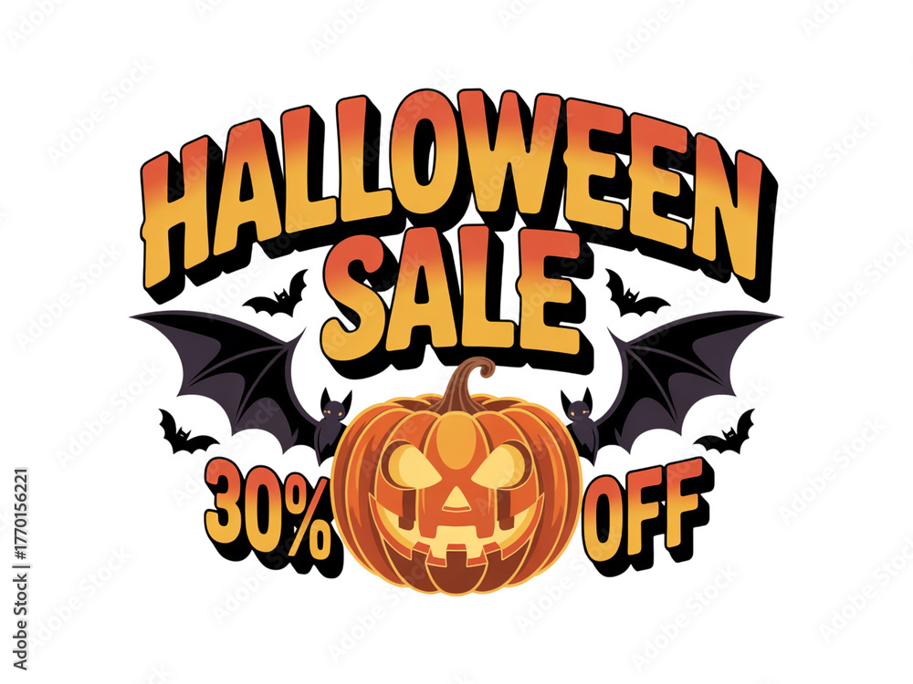 Fototapeta premium Halloween sale 30% off, spooky pumpkin and bats graphic for seasonal promotions, perfect for social media ads, website banners, and festive marketing campaigns