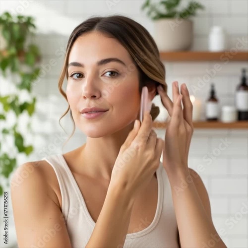 Young woman doing gua sha massage on face in bright indoor space  