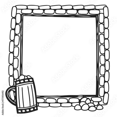 Beer-themed decorative frame with mug and stone background  