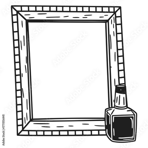 Blank photo frame with nail polish bottle in sketch style  
