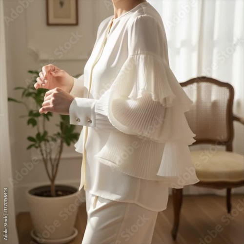 Woman wearing a ruffle blouse with sleeves in a bright indoor space  