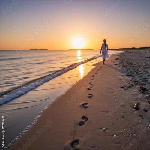 Young woman walking barefoot on beach at sunset leaving footprints  