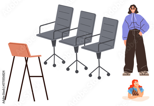 Three modern office chairs alongside a tall orange stool with two diverse individuals, highlighting inclusion, decision-making, workplace dynamics, and personal expression. Ideal for diversity